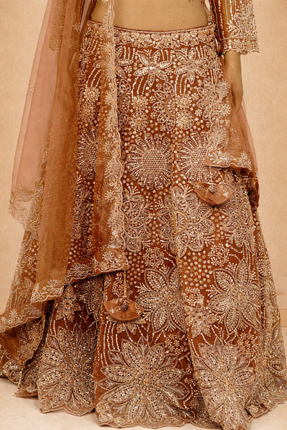 Rust Brown lehenga with intricate floral embroidery with sequins
