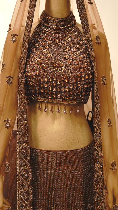 rust brown lehenga  with rich antique gold and bronze embellishments