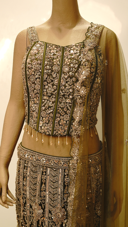 Olive Green Lehenga with Antique Gold & Champagne Embellishments