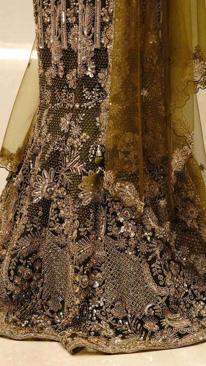Olive Green Lehenga with Antique Gold & Champagne Embellishments