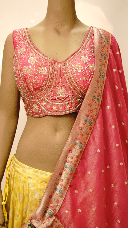 Vibrant Pink & Pastel Yellow Designer Lehenga