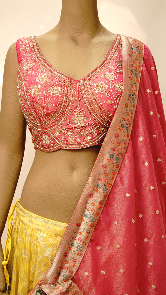 Vibrant Pink & Pastel Yellow Designer Lehenga
