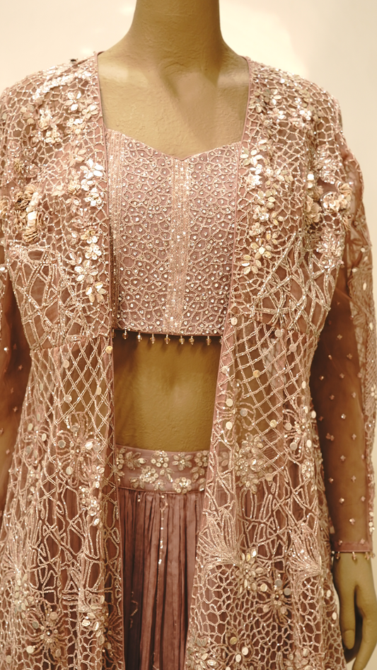 Dusty Mauve Embellished Lehenga Set with Sheer Jacket