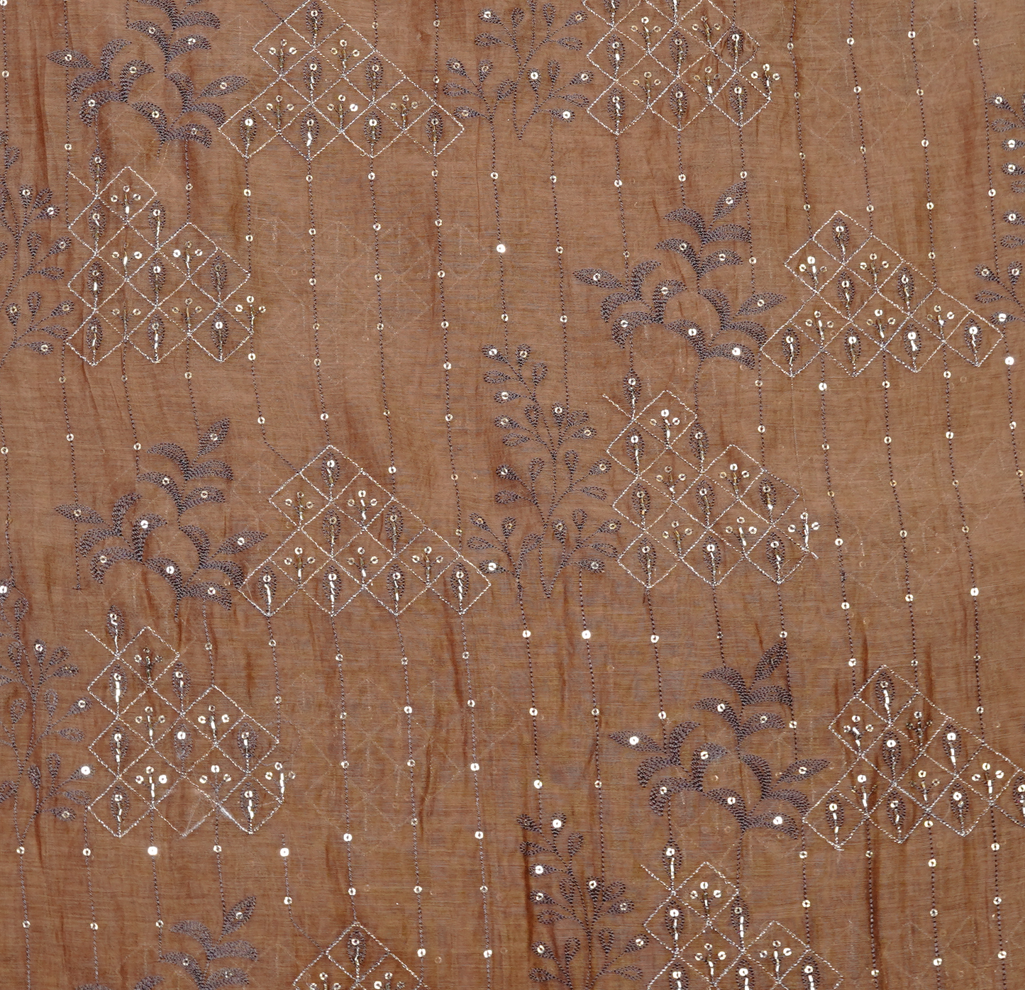 Earth-Toned Chanderi Silk with Intricate Silver Zari & Sequin Detail