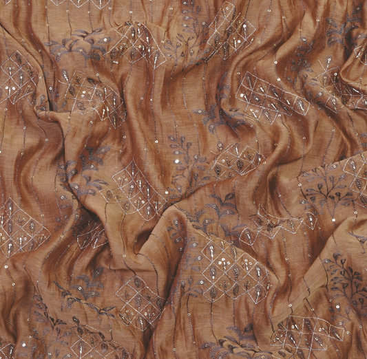 Earth-Toned Chanderi Silk with Intricate Silver Zari & Sequin Detail