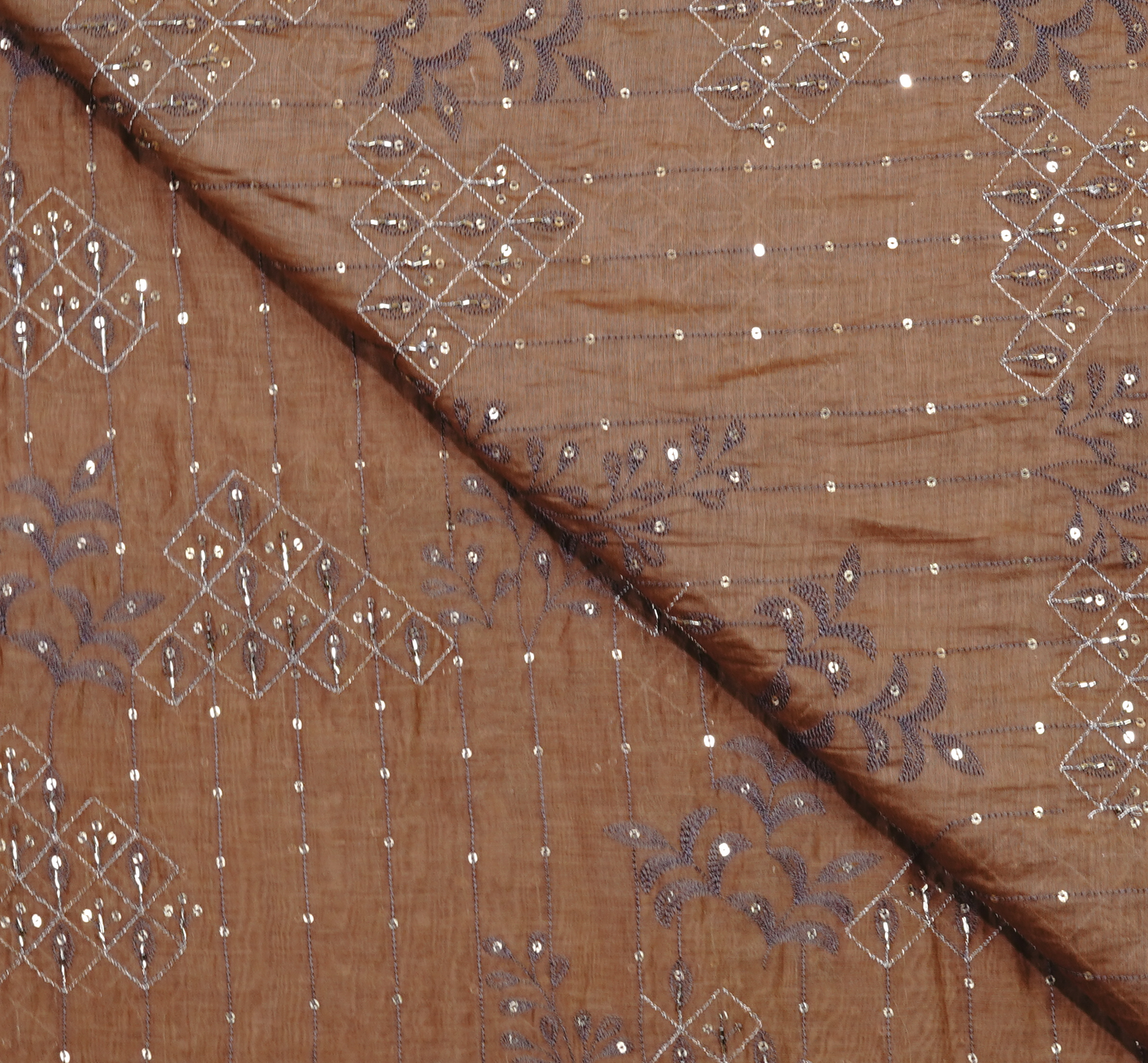 Earth-Toned Chanderi Silk with Intricate Silver Zari & Sequin Detail