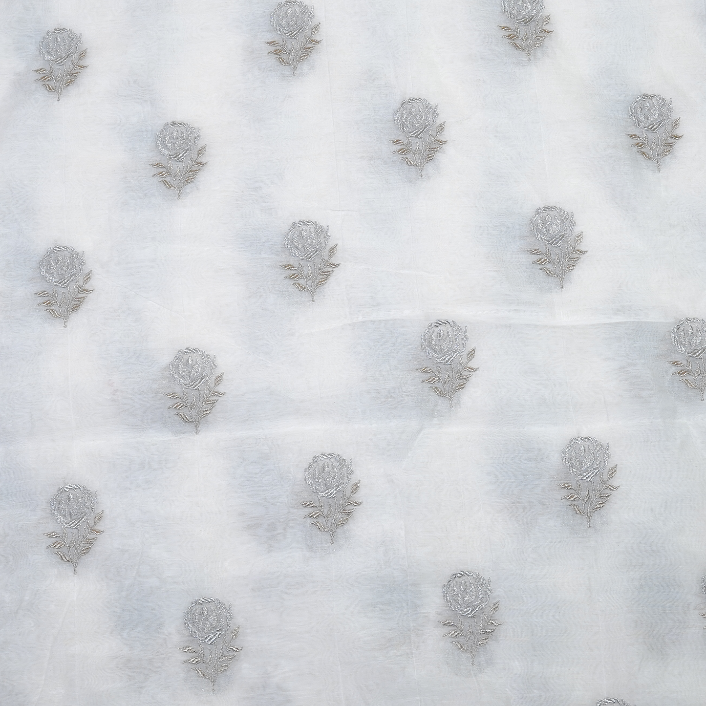 Elegant White Chanderi Fabric with Silver Floral Motifs