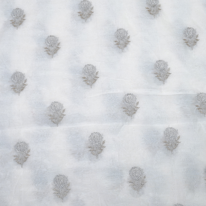 Elegant White Chanderi Fabric with Silver Floral Motifs