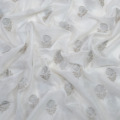Elegant White Chanderi Fabric with Silver Floral Motifs