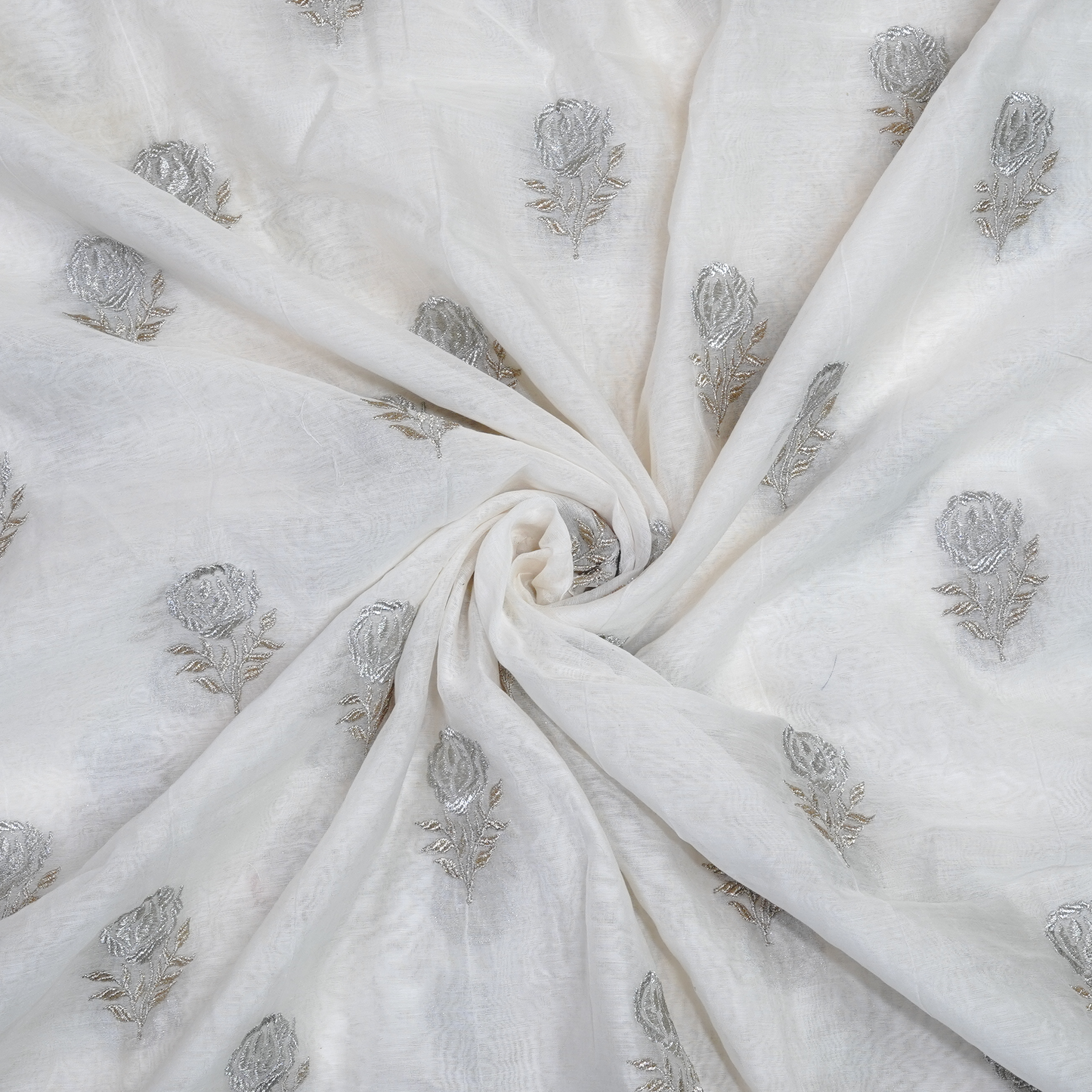 Elegant White Chanderi Fabric with Silver Floral Motifs