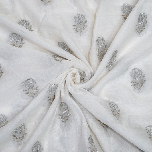 Elegant White Chanderi Fabric with Silver Floral Motifs