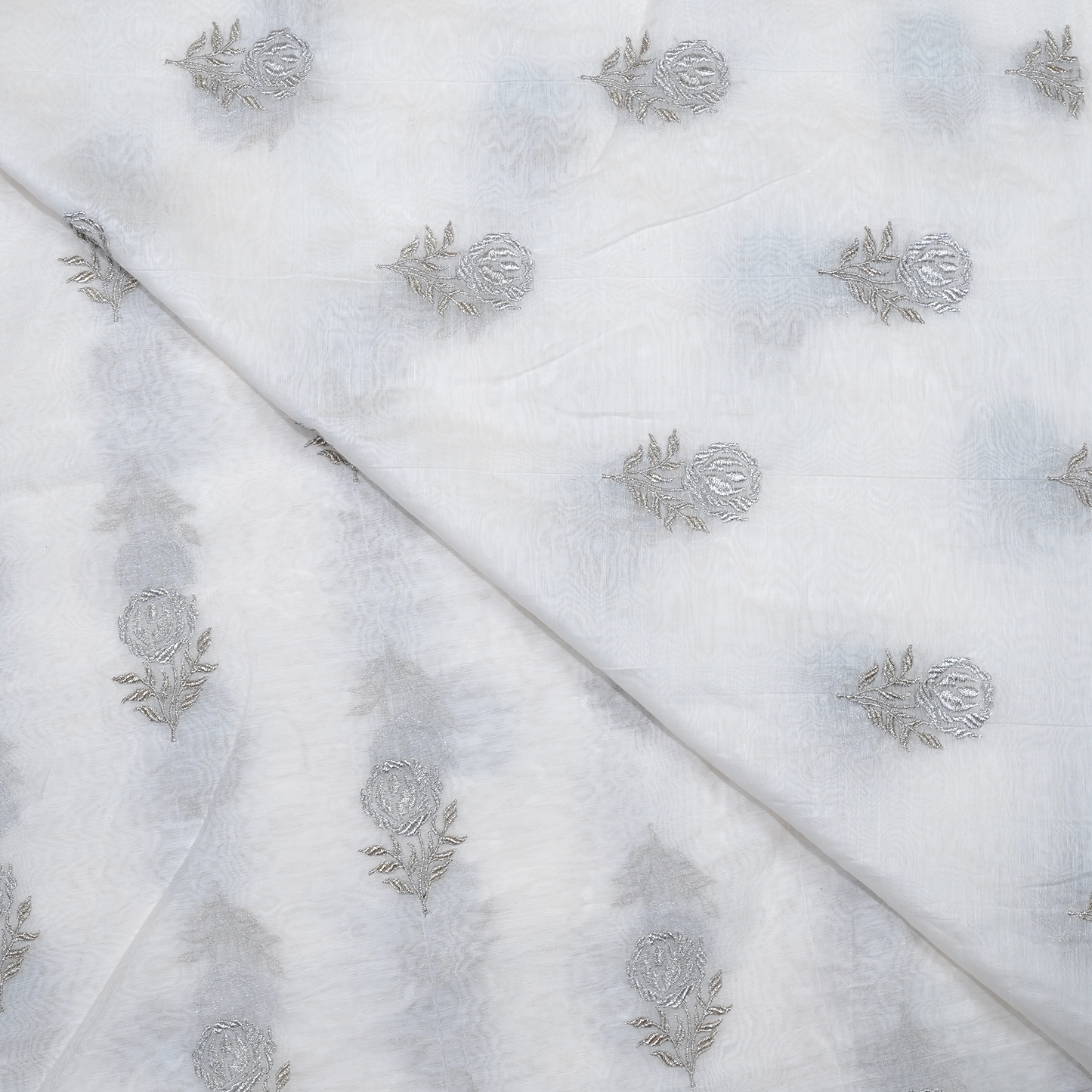 Elegant White Chanderi Fabric with Silver Floral Motifs