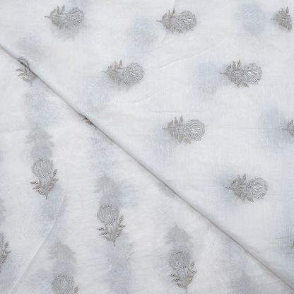 Elegant White Chanderi Fabric with Silver Floral Motifs