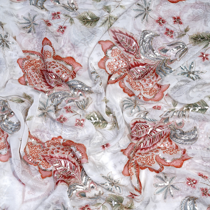 Ethereal Coral & Silver Embellished Viscose Organza
