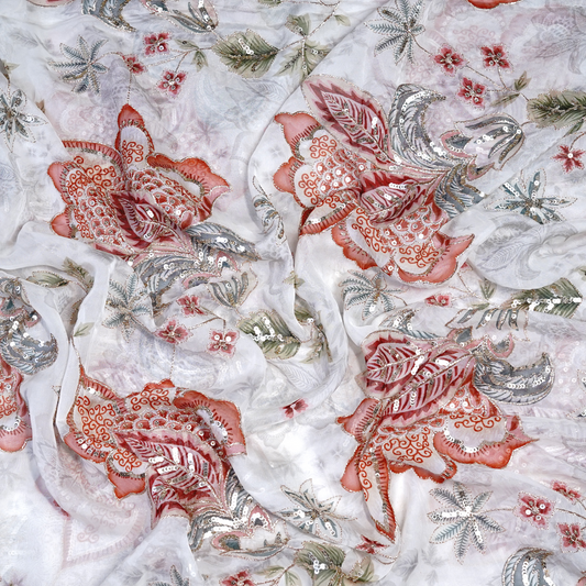 Ethereal Coral & Silver Embellished Viscose Organza