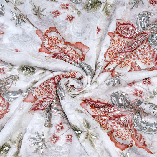 Ethereal Coral & Silver Embellished Viscose Organza