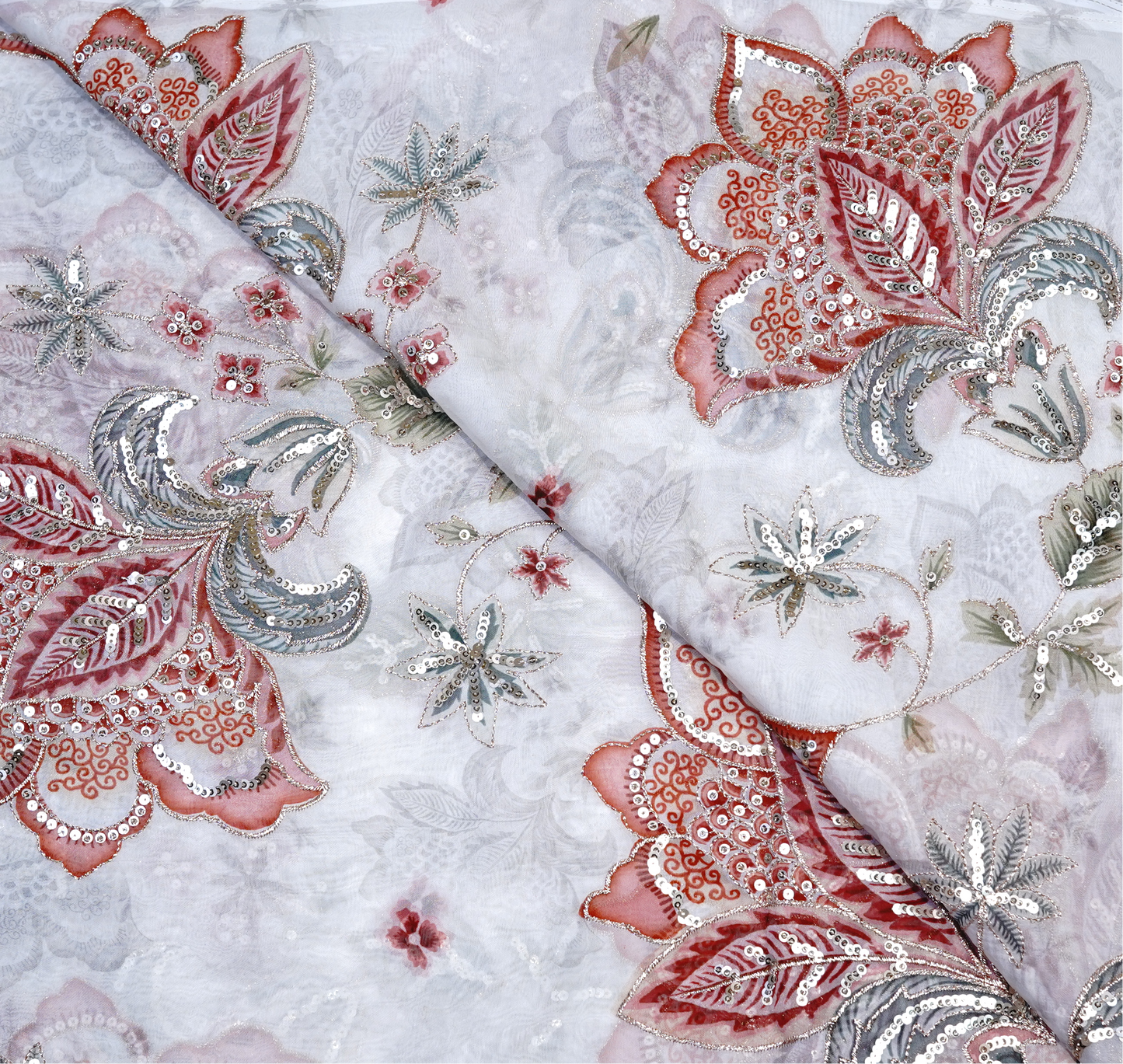 Ethereal Coral & Silver Embellished Viscose Organza