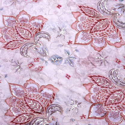 Dusty Rose & Silver Floral Sequined Viscose Organza Fabric