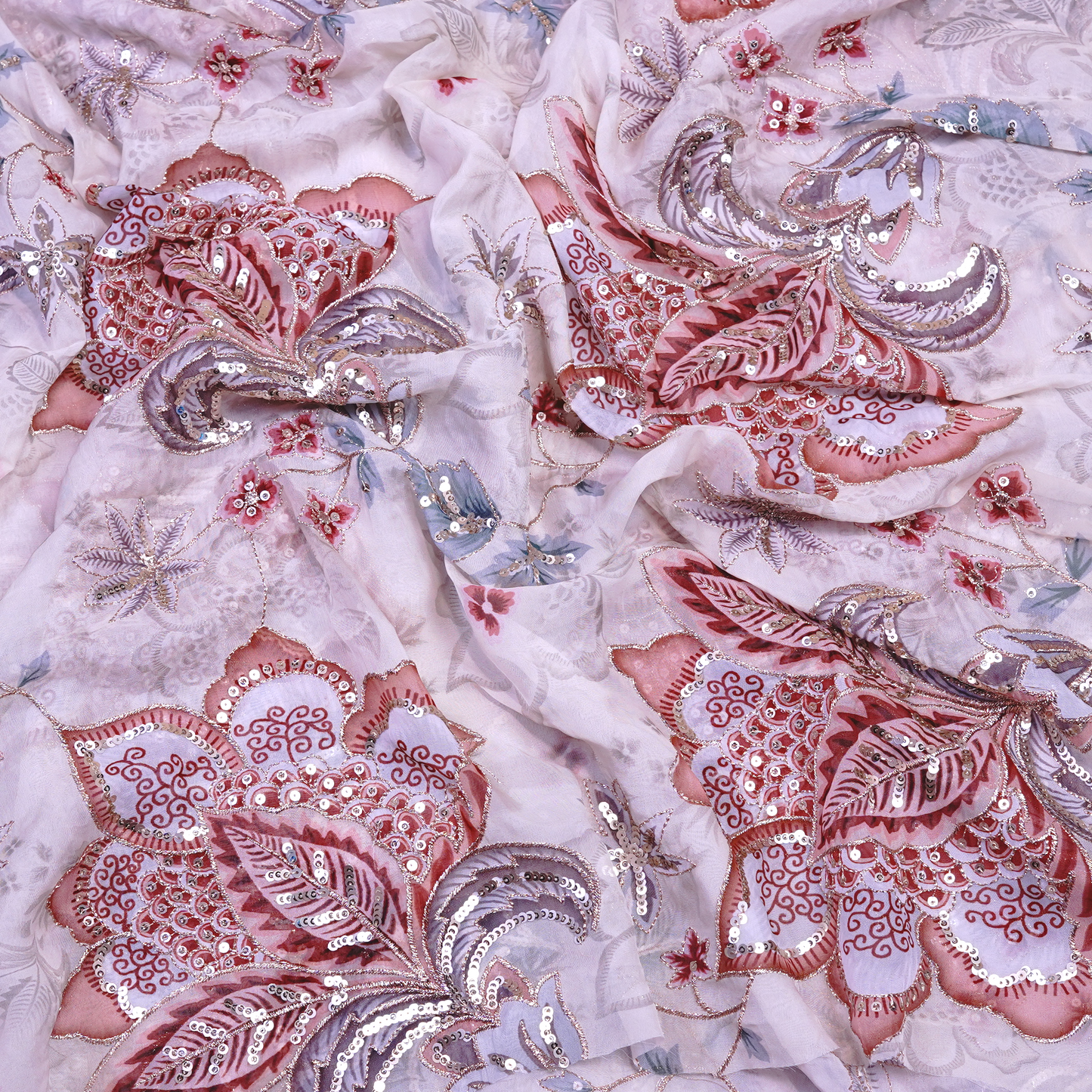 Dusty Rose & Silver Floral Sequined Viscose Organza Fabric