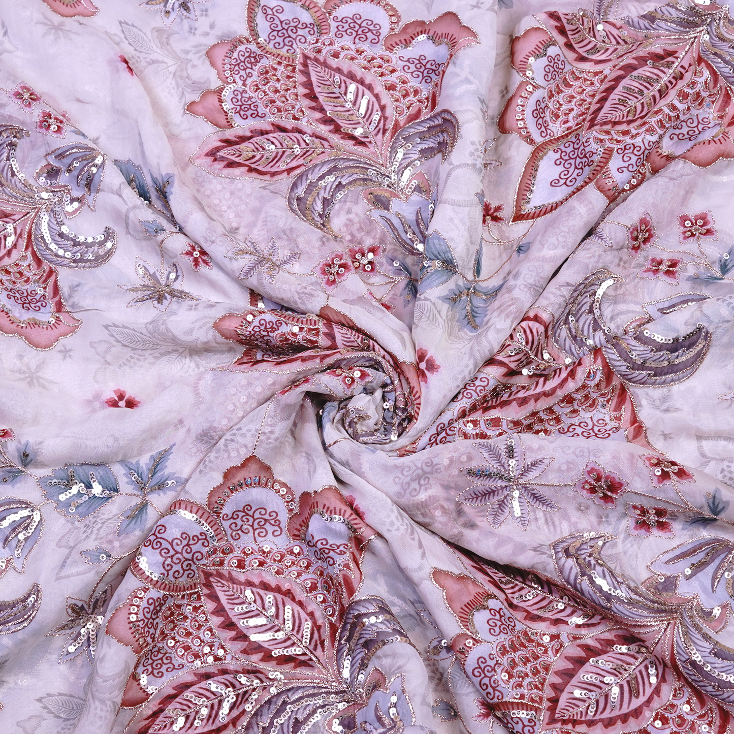 Dusty Rose & Silver Floral Sequined Viscose Organza Fabric