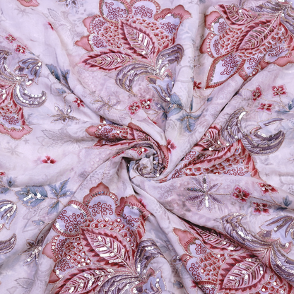 Dusty Rose & Silver Floral Sequined Viscose Organza Fabric