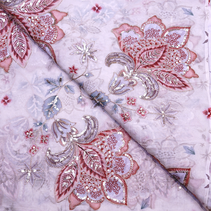 Dusty Rose & Silver Floral Sequined Viscose Organza Fabric