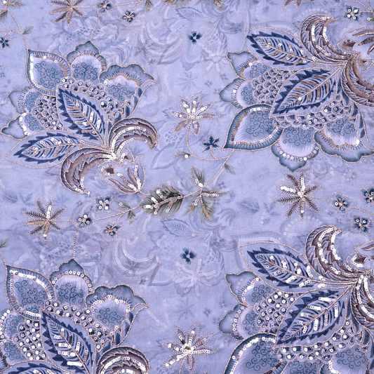 Celestial Slate Blue Floral Viscose Organza with Silver Sequin Embellishments