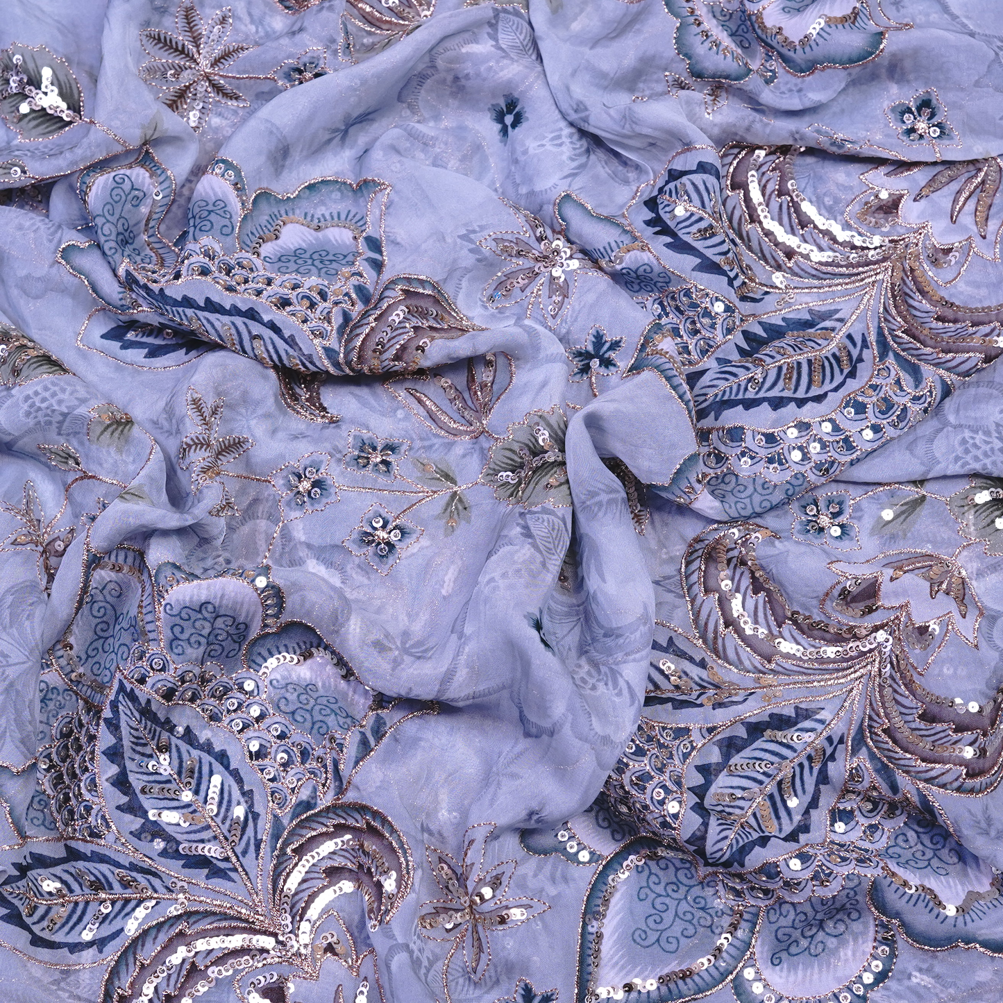 Celestial Slate Blue Floral Viscose Organza with Silver Sequin Embellishments