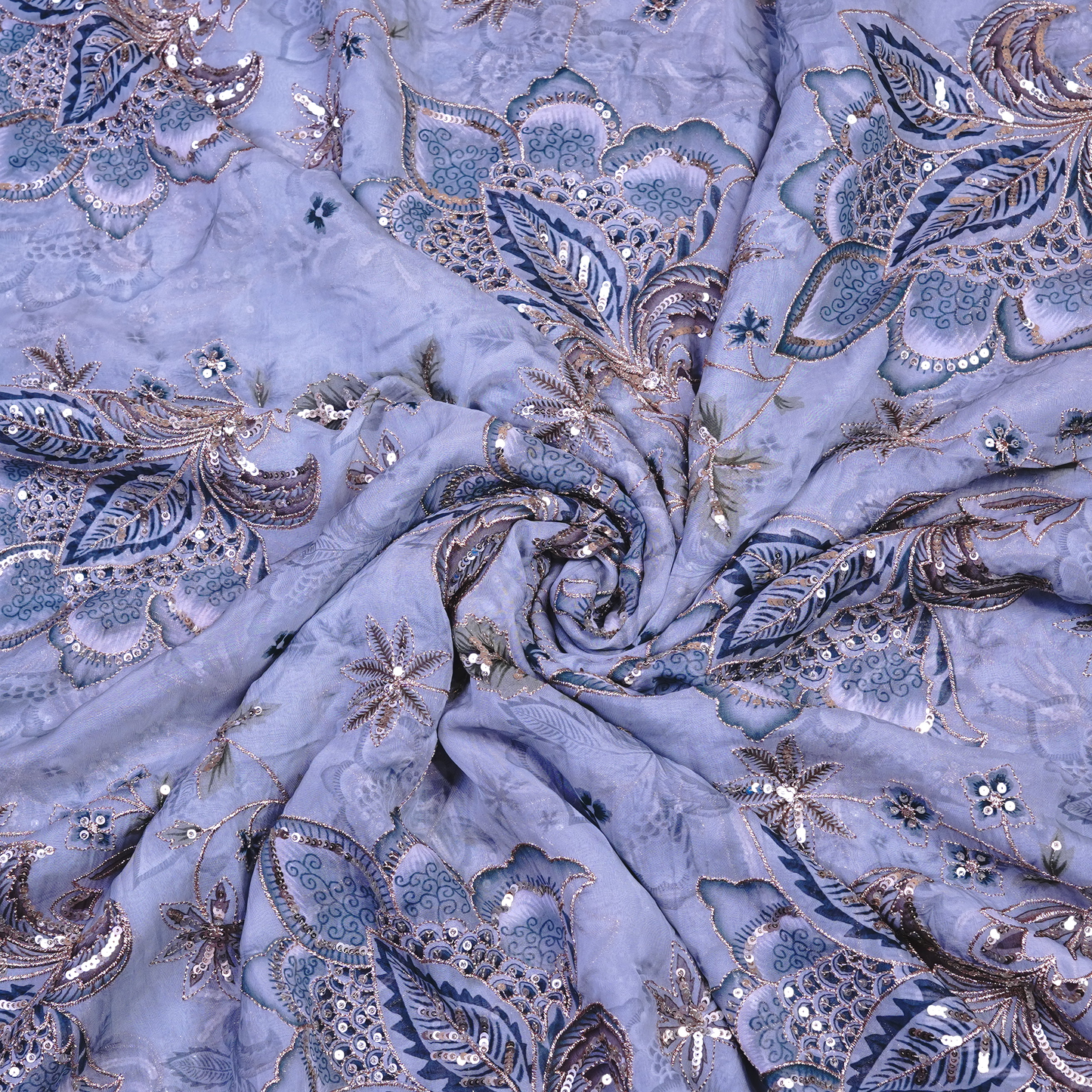 Celestial Slate Blue Floral Viscose Organza with Silver Sequin Embellishments