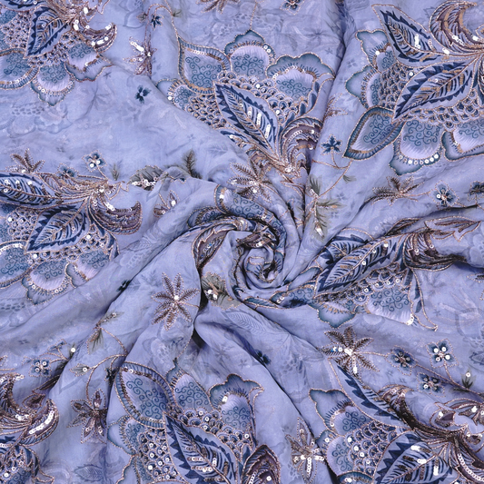Celestial Slate Blue Floral Viscose Organza with Silver Sequin Embellishments