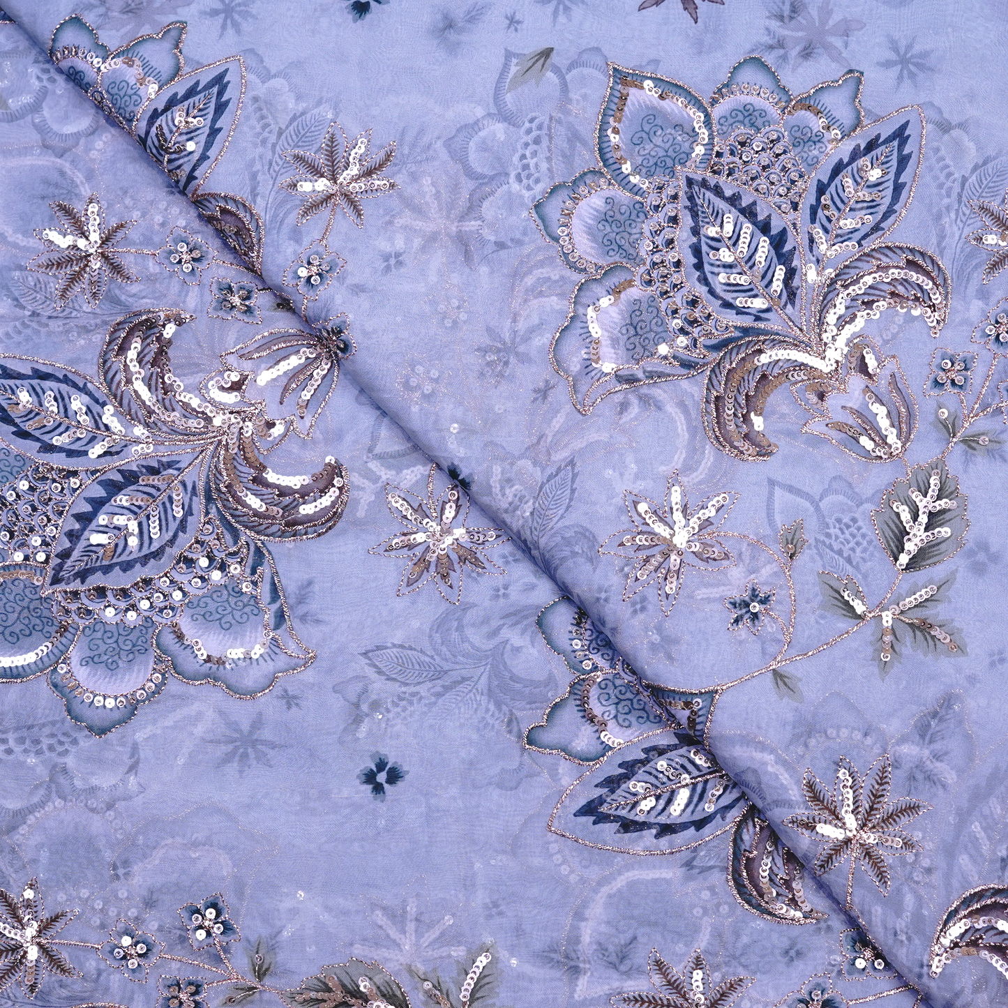 Celestial Slate Blue Floral Viscose Organza with Silver Sequin Embellishments