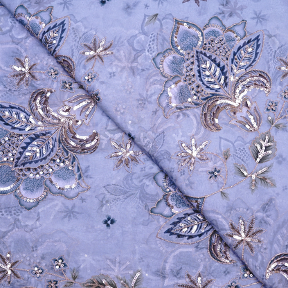 Celestial Slate Blue Floral Viscose Organza with Silver Sequin Embellishments