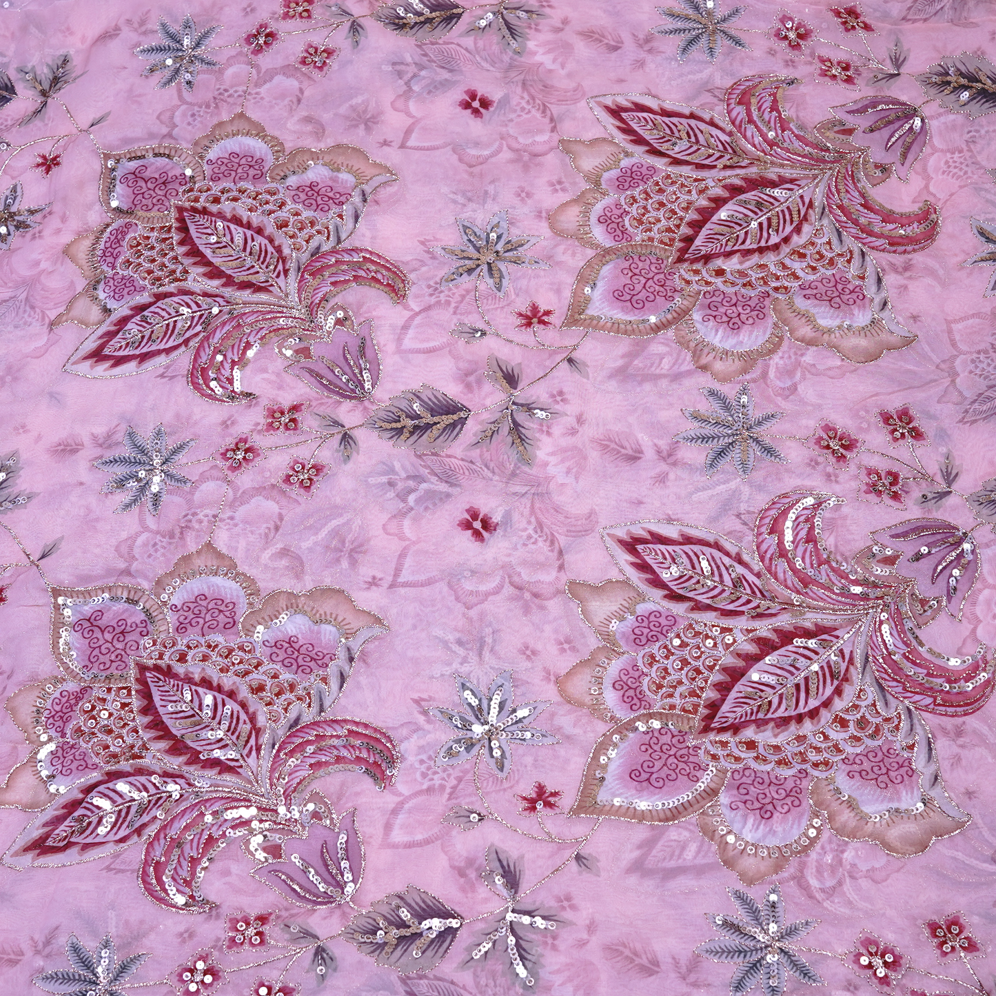 Radiant Rosewood Floral Viscose Organza with Silver Sequin Embroidery