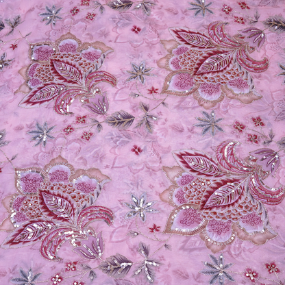 Radiant Rosewood Floral Viscose Organza with Silver Sequin Embroidery