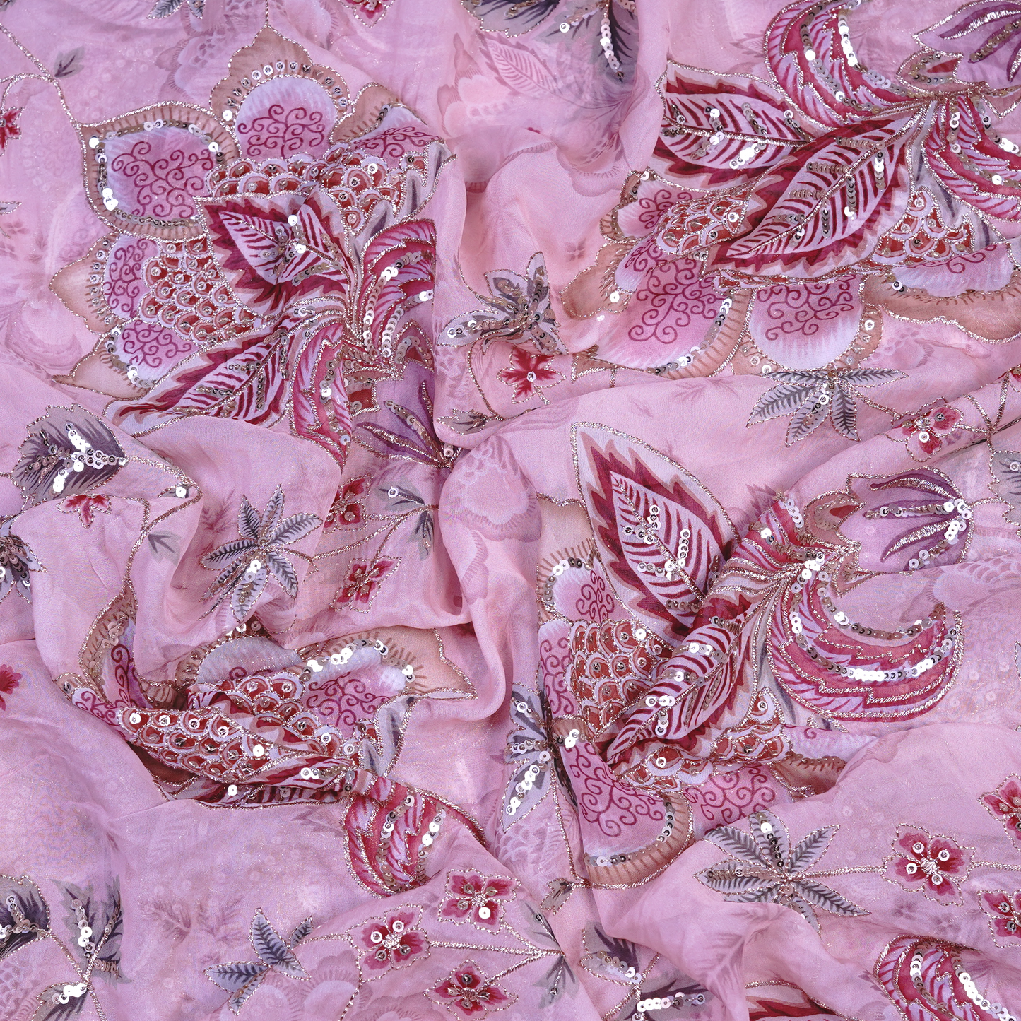 Radiant Rosewood Floral Viscose Organza with Silver Sequin Embroidery