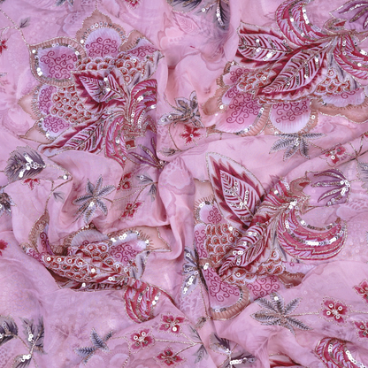 Radiant Rosewood Floral Viscose Organza with Silver Sequin Embroidery