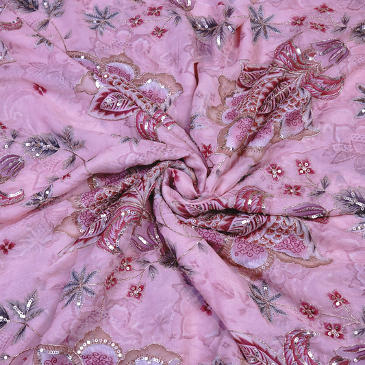 Radiant Rosewood Floral Viscose Organza with Silver Sequin Embroidery