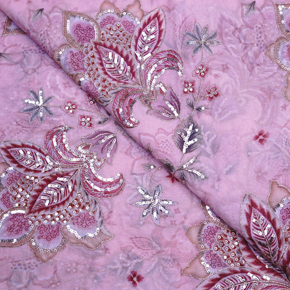 Radiant Rosewood Floral Viscose Organza with Silver Sequin Embroidery