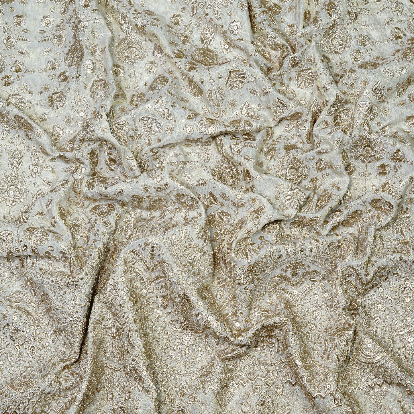 Elegant Embellished Tissue Fabric with Intricate Floral Pattern