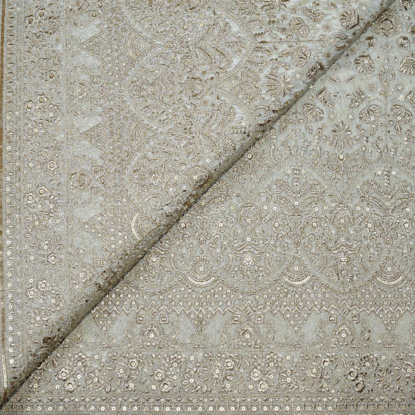 Elegant Embellished Tissue Fabric with Intricate Floral Pattern