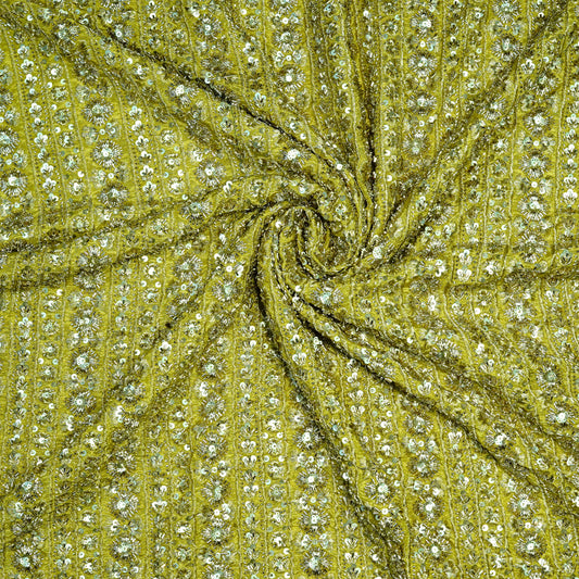 Radiant Yellow Gold Striped Embellished Tissue Fabric