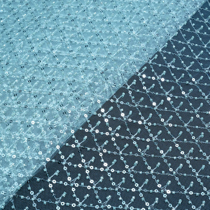 Elegant Ice Blue Embellished Net Fabric