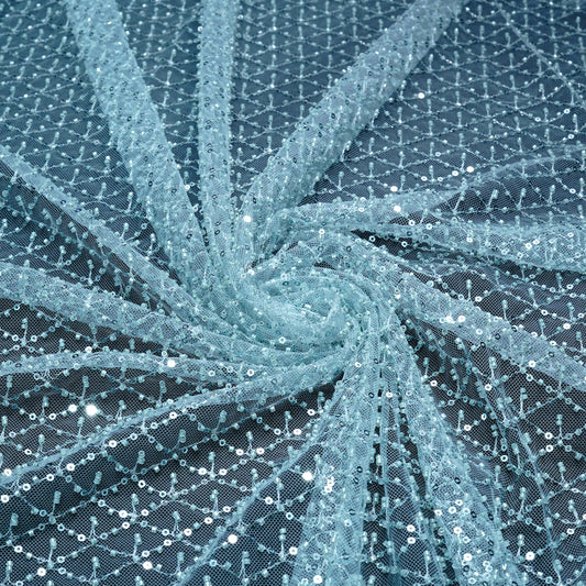 Elegant Ice Blue Embellished Net Fabric