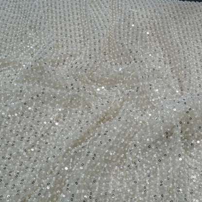 Elegant Ivory Shimmer Embellished Net Fabric