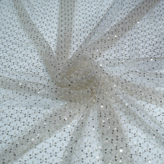 Elegant Ivory Shimmer Embellished Net Fabric
