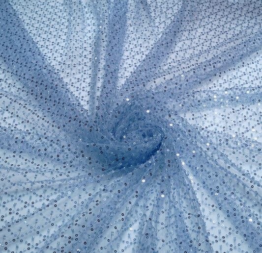 Elegant Steel Blue Shimmer Net Fabric