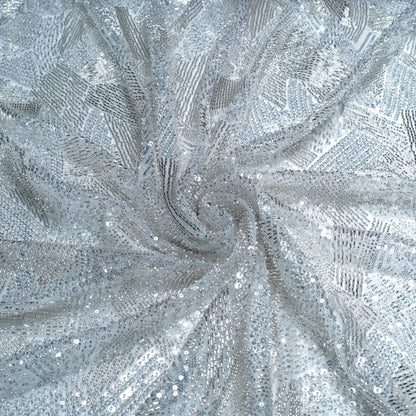 Elegant Silver Embellished Net Fabric
