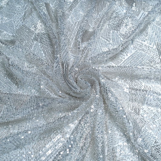 Elegant Silver Embellished Net Fabric