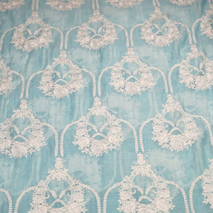 Elegant Aqua Blue Chanderi Fabric with White Floral Embroidery