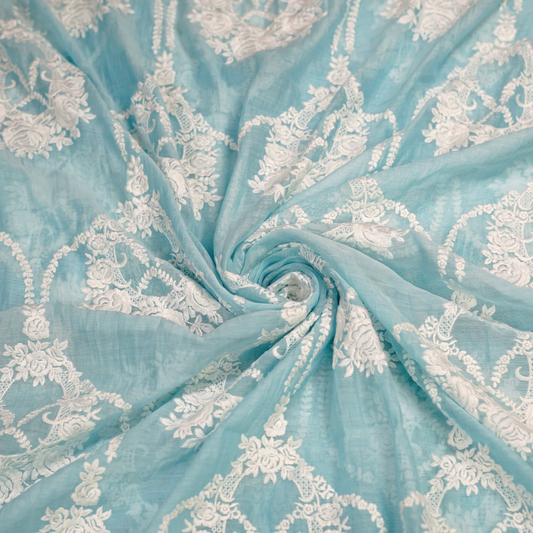 Elegant Aqua Blue Chanderi Fabric with White Floral Embroidery